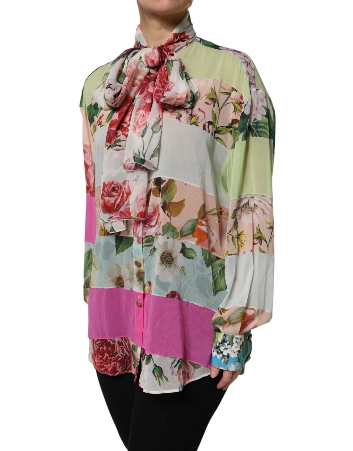 Top de manga larga con patchwork floral multicolor