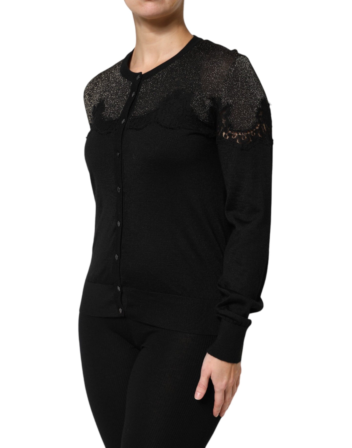 Pull cardigan boutonné en dentelle de viscose noire