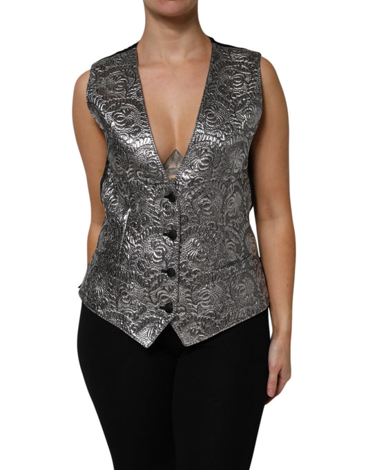 Top sin mangas de jacquard con estampado floral plateado