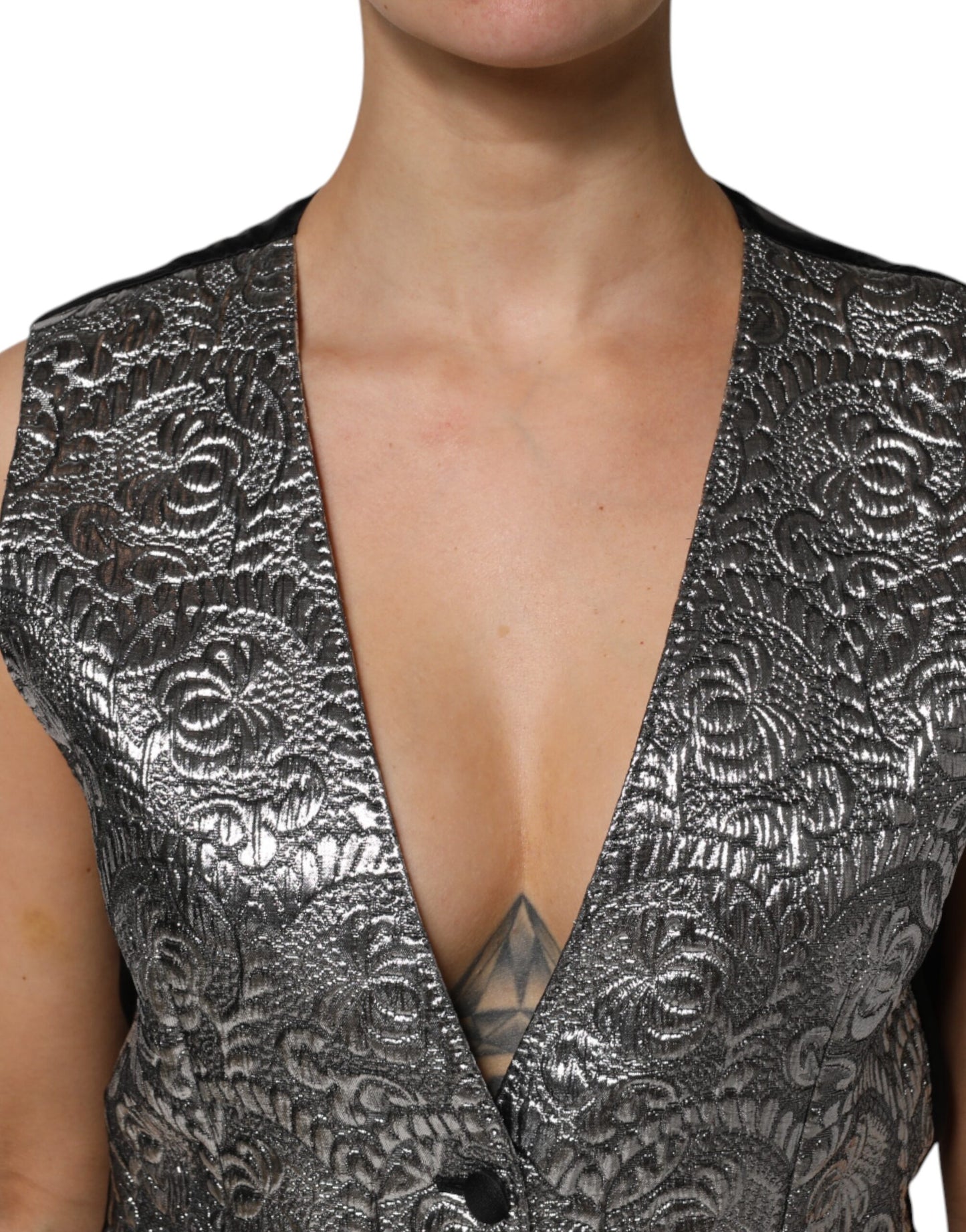 Top sin mangas de jacquard con estampado floral plateado
