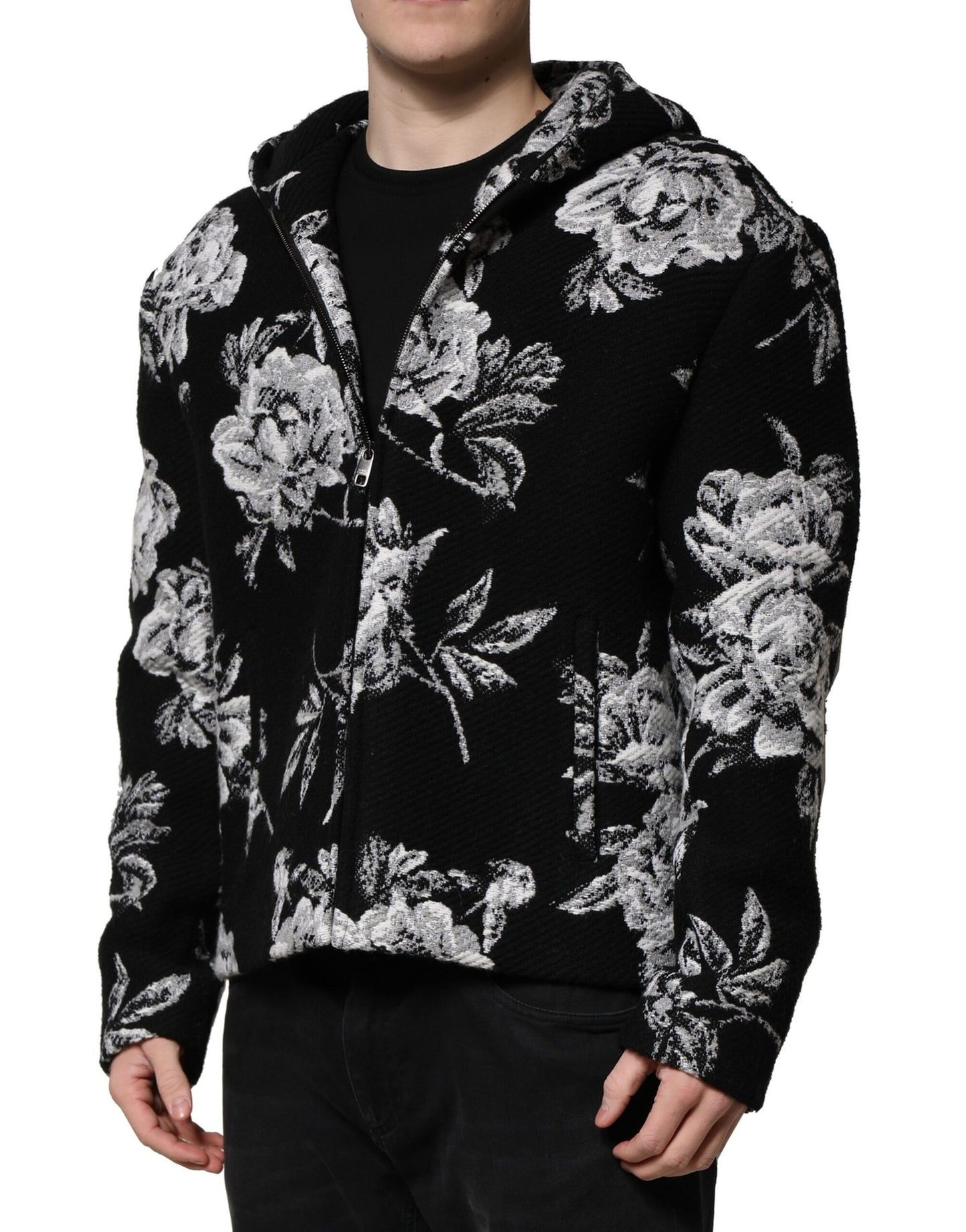 Chaqueta con capucha de lana negra con estampado floral para hombre