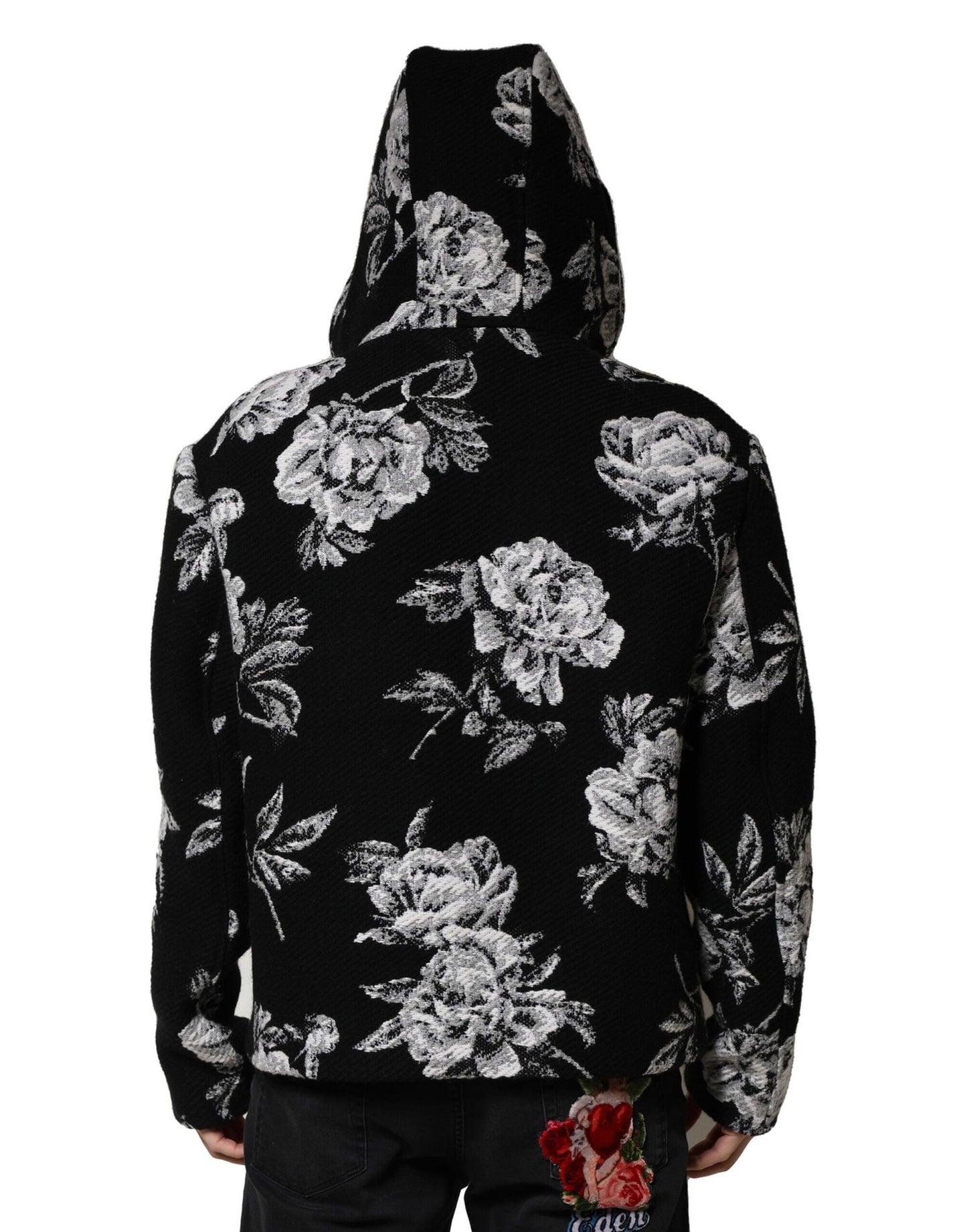 Chaqueta con capucha de lana negra con estampado floral para hombre