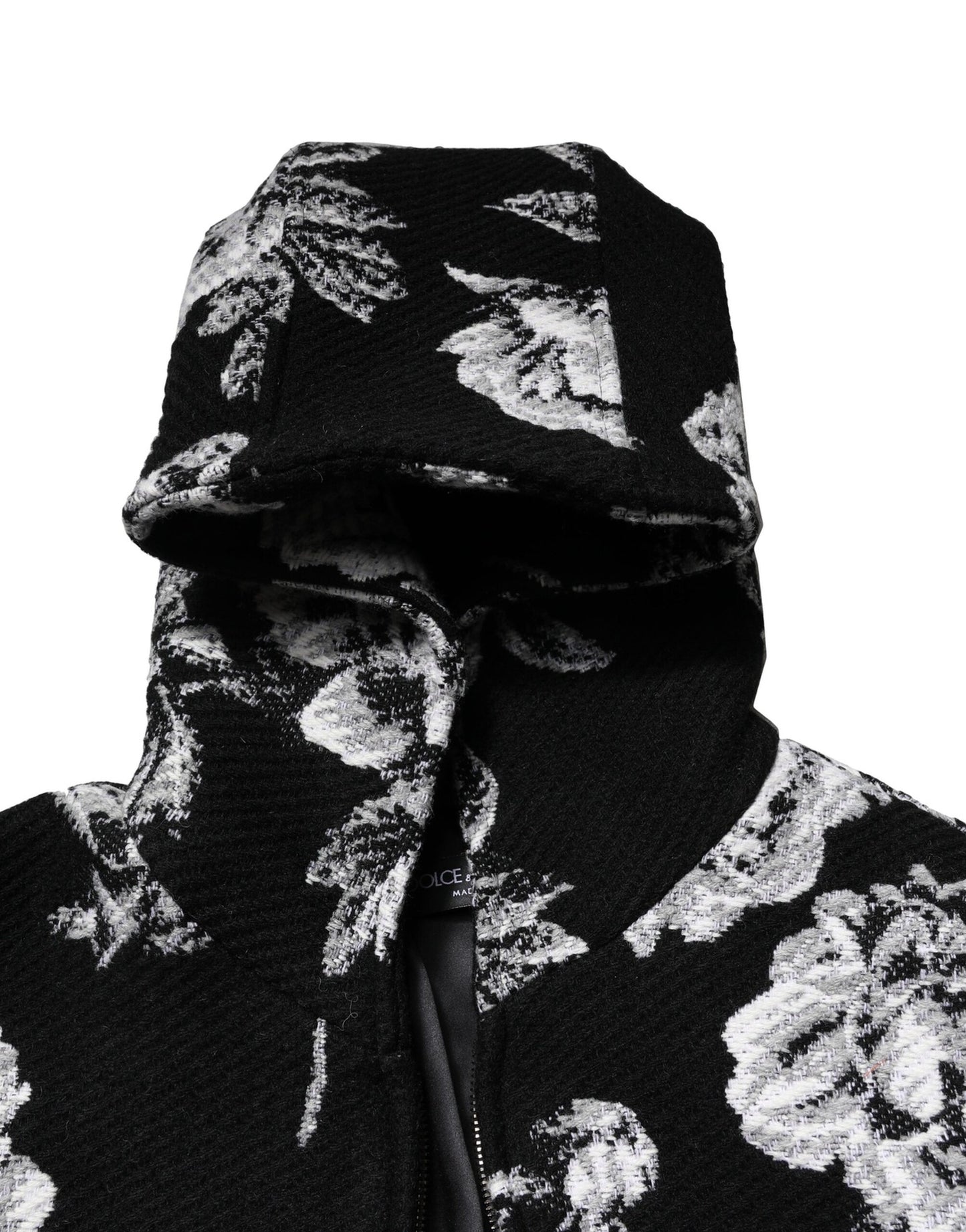 Chaqueta con capucha de lana negra con estampado floral para hombre