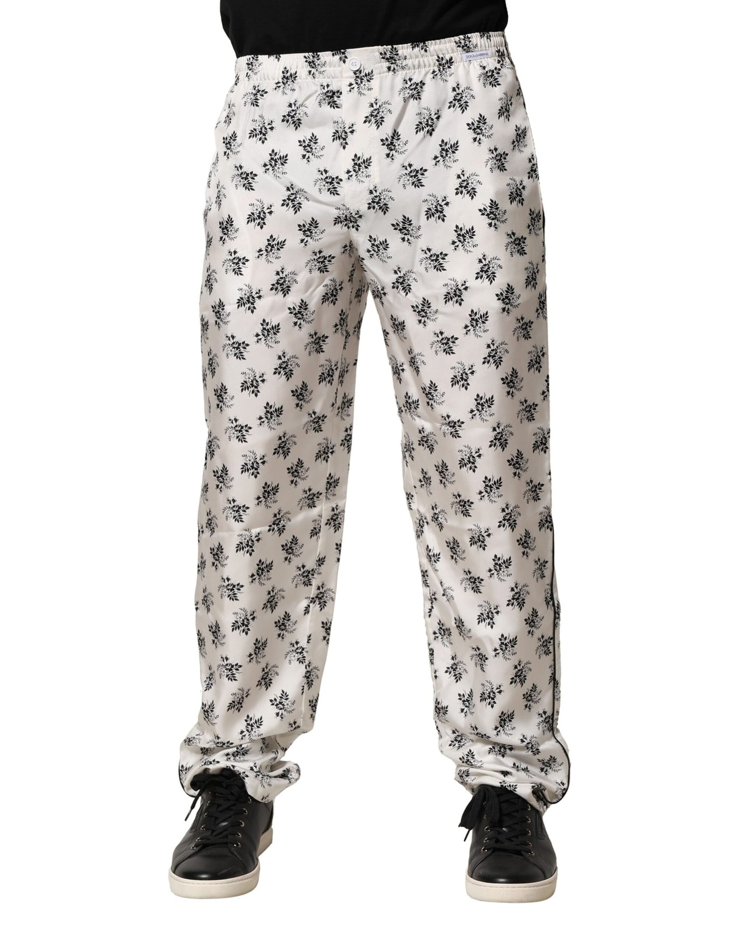 Pantalones casuales de seda con estampado floral blanco