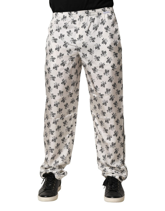 Pantalones casuales de seda con estampado floral blanco