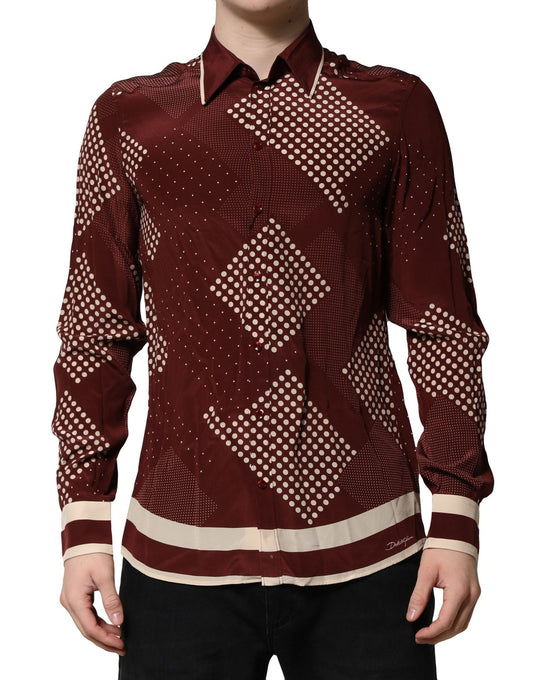 Camisa informal de manga larga de seda con lunares color granate