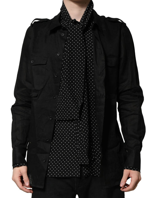 Camisa informal de lino y seda con lunares negros para hombre