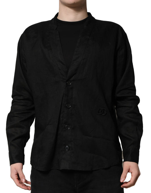 Camisa casual de lino negro de manga larga para hombre