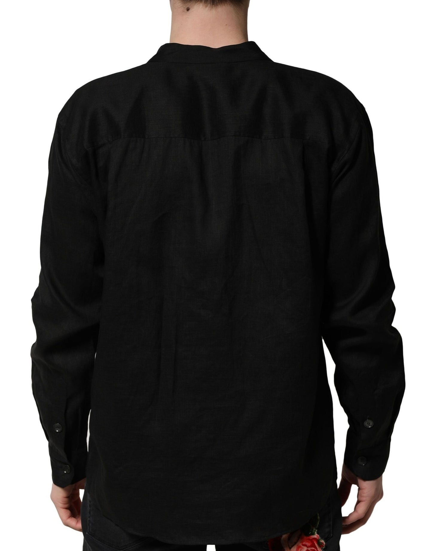 Camisa casual de lino negro de manga larga para hombre