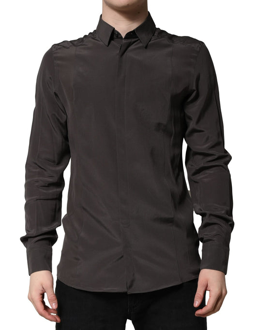 Camisa formal de vestir para hombre en seda color marrón oscuro dorado