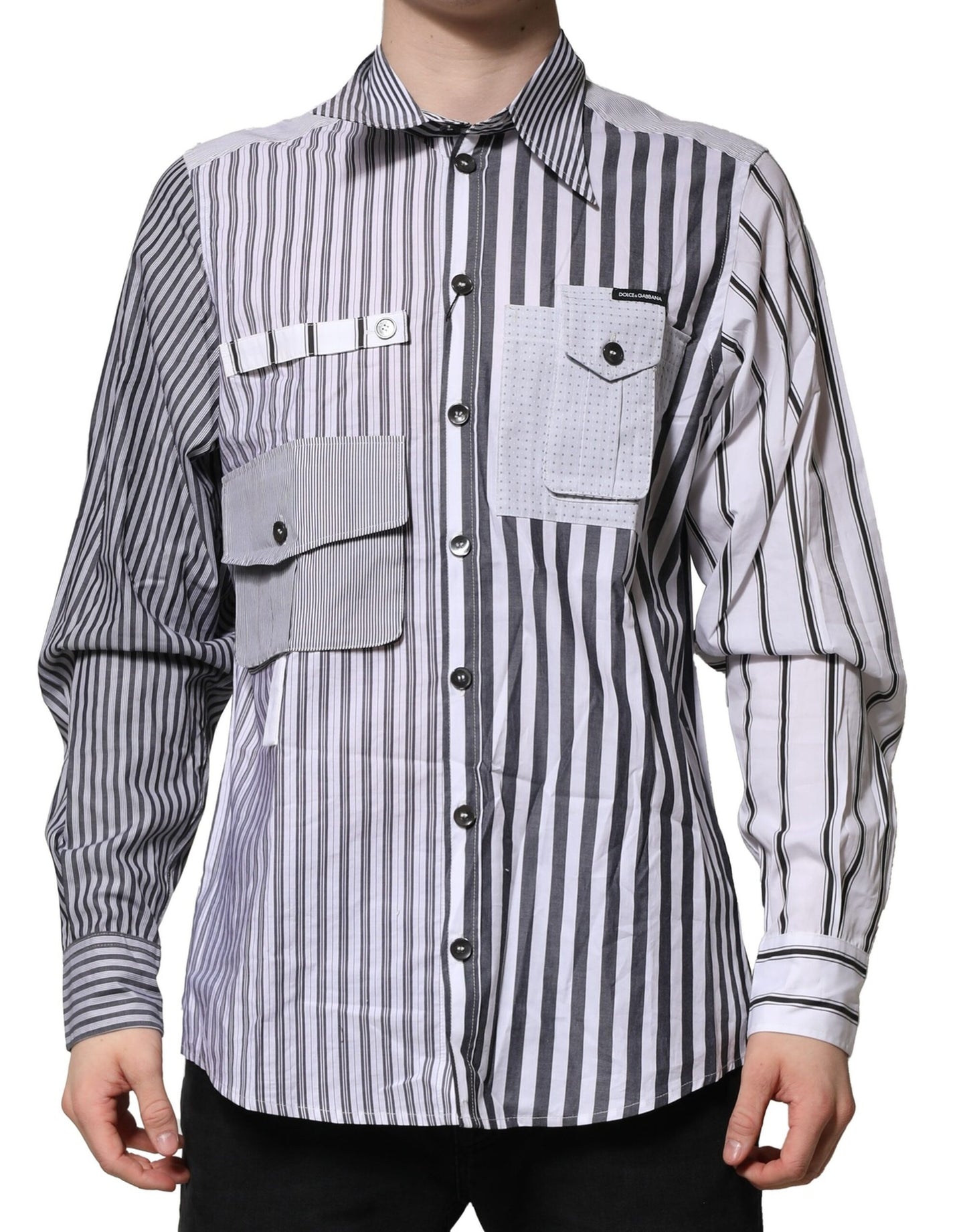 Camisa casual de algodón a rayas blancas y grises para hombre