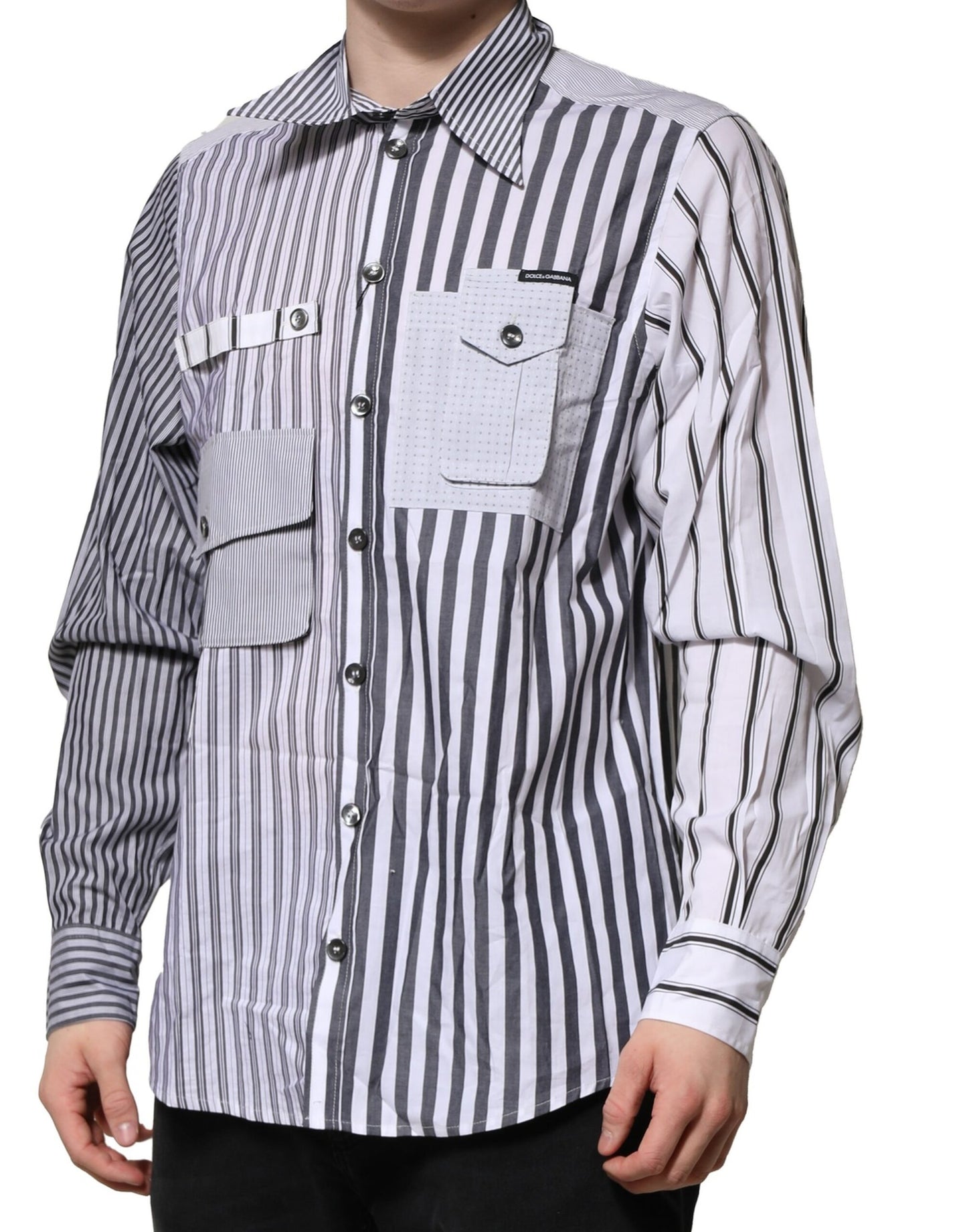 Camisa casual de algodón a rayas blancas y grises para hombre