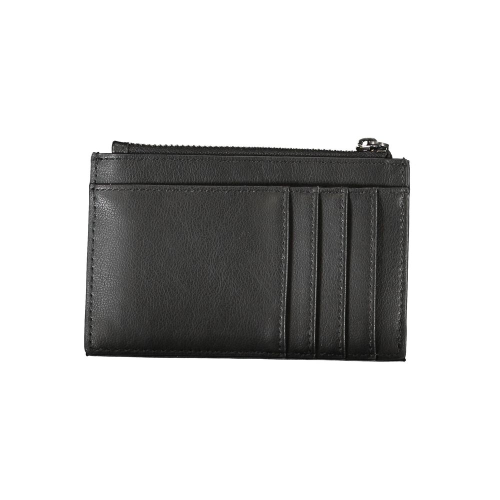 Elegante cartera negra con cremallera y detalles en contraste