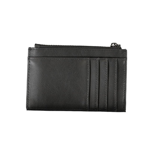 Elegante cartera negra con cremallera y detalles en contraste