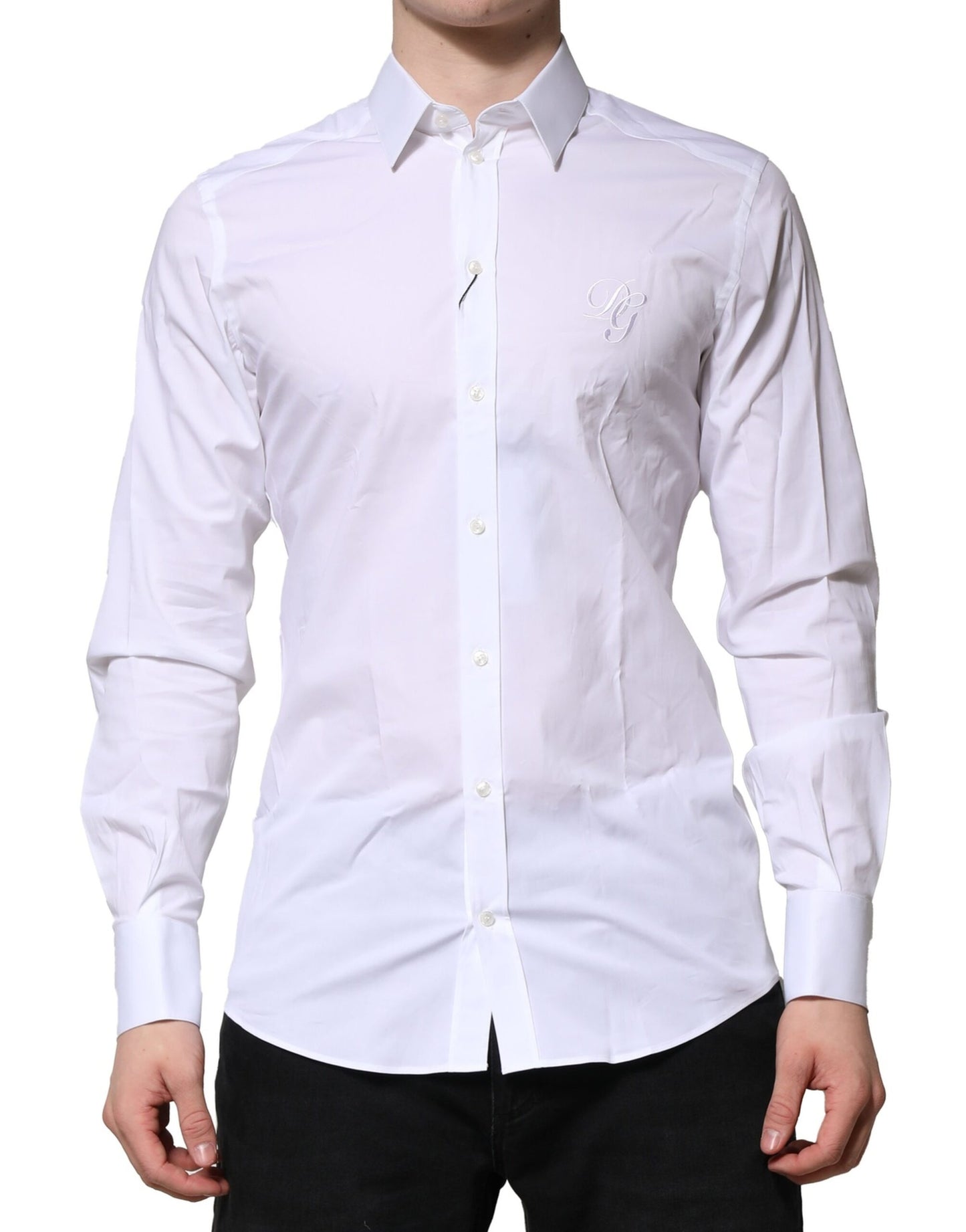 Camisa formal de manga larga de algodón blanco dorado