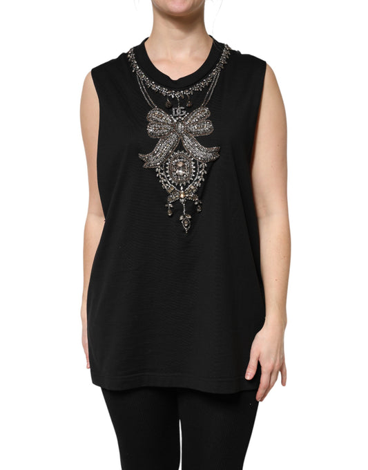 Camiseta sin mangas de algodón negro adornada con diamantes de imitación