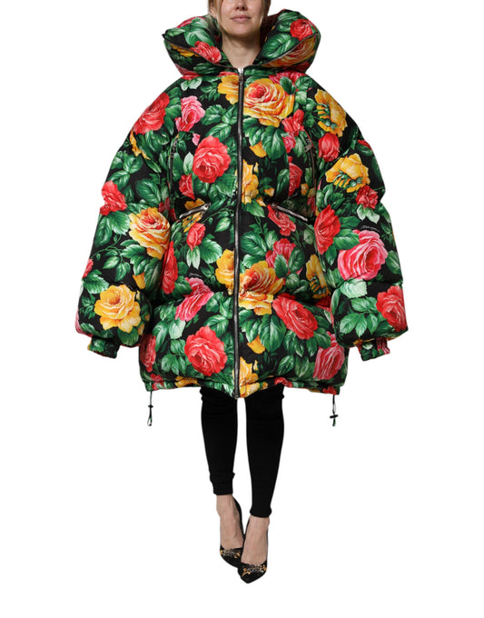 Chaqueta acolchada con capucha y estampado floral multicolor