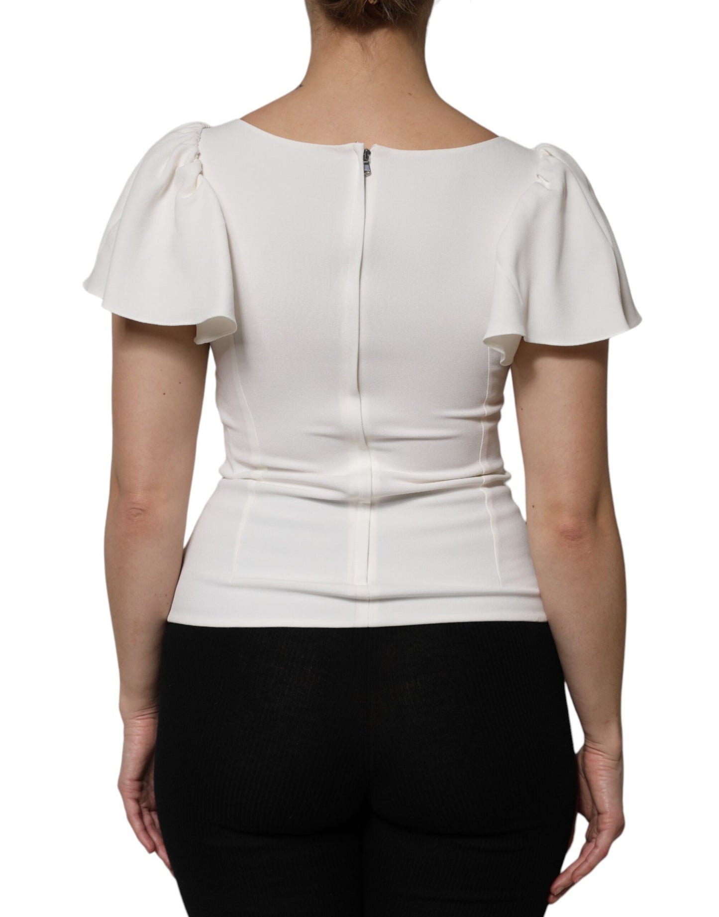Top de viscosa blanca con cuello redondo y mangas cortas