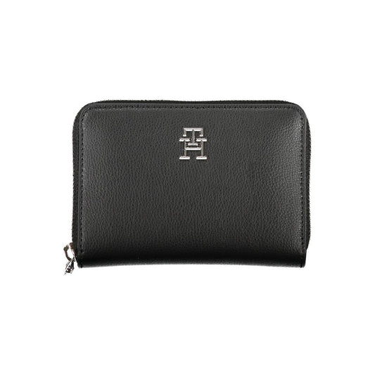 Elegante cartera negra con cremallera y múltiples compartimentos