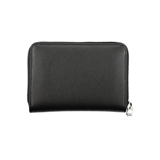 Elegante cartera negra con cremallera y múltiples compartimentos