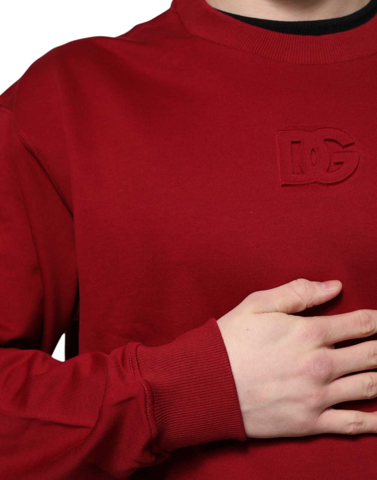 Red Embossed Logo Cotton Crew Neck Sweater