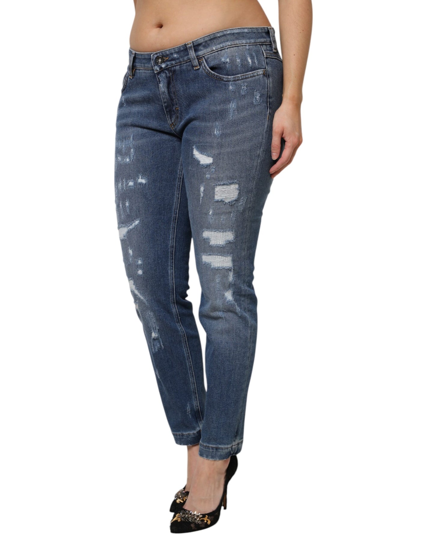 Blue Tattered Cotton Low Waist Denim Jeans