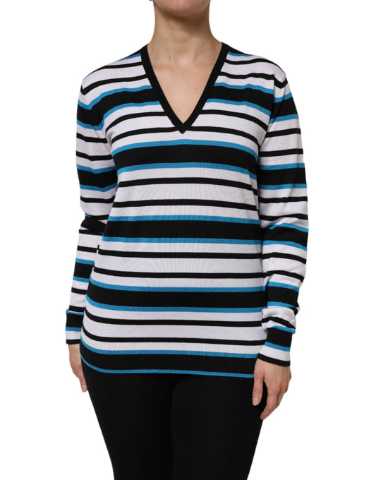 Top de manga larga con cuello en V y rayas multicolor