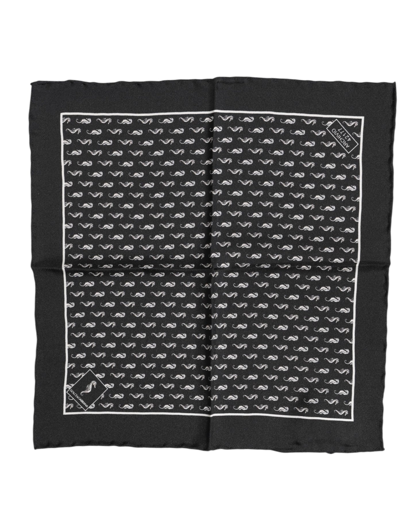 Foulard carré en soie pour homme motif hippocampe noir