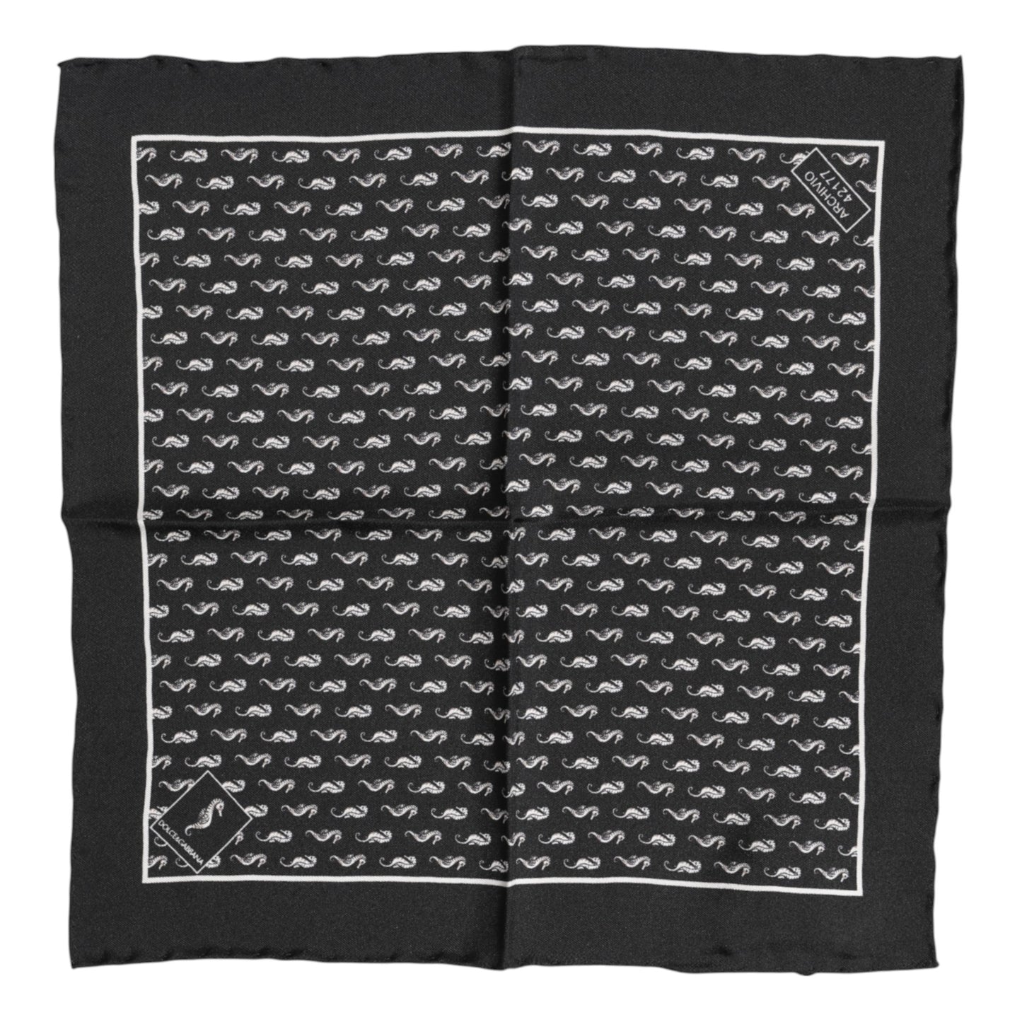 Foulard carré en soie pour homme motif hippocampe noir
