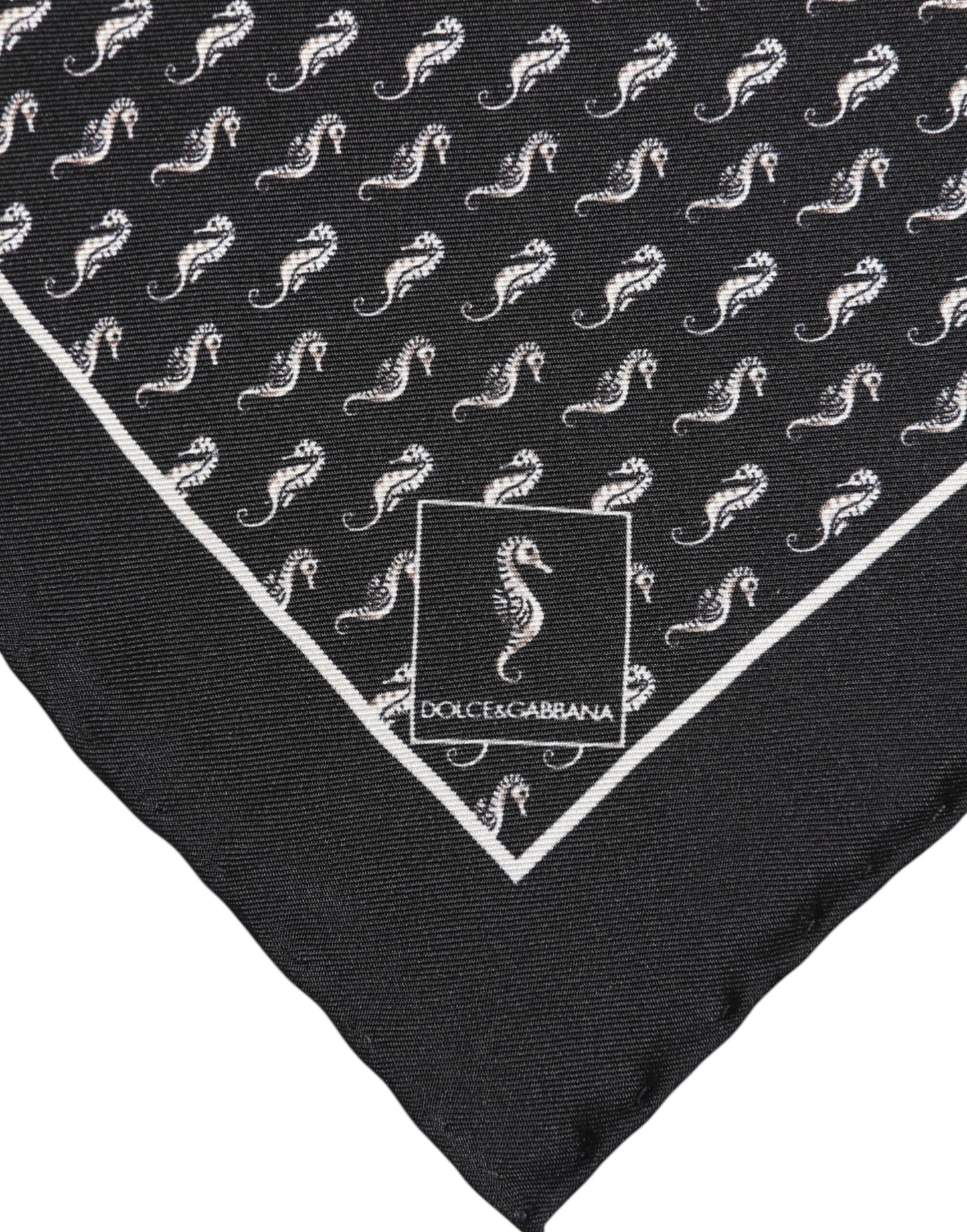 Foulard carré en soie pour homme motif hippocampe noir