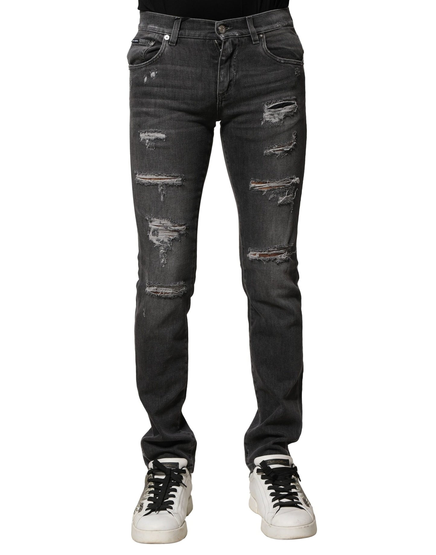 Jean slim en denim noir délavé et usé