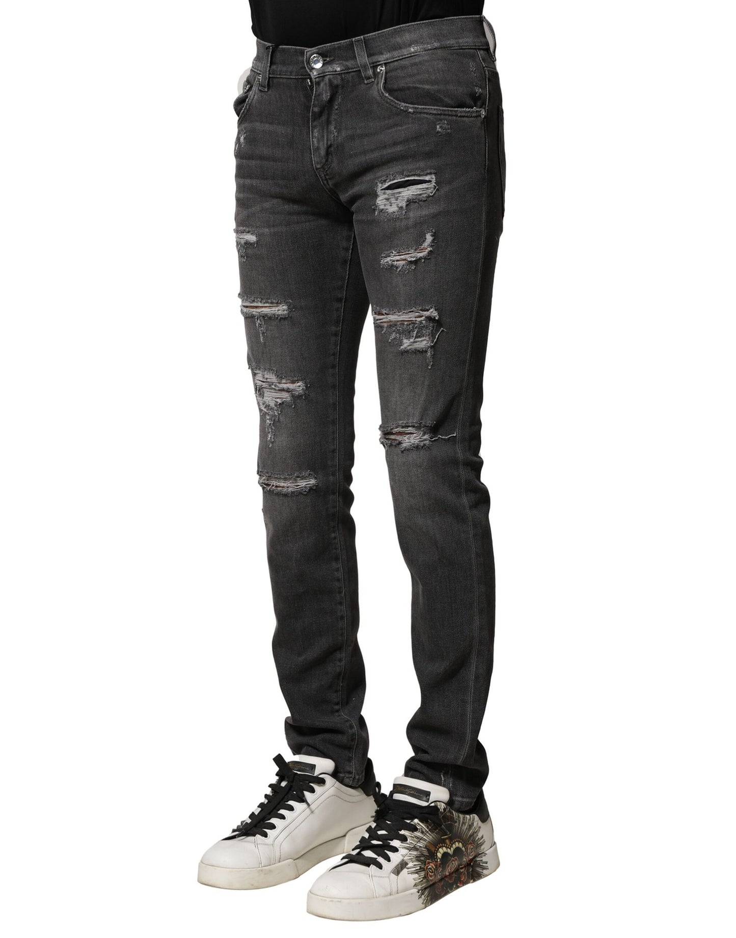 Jean slim en denim noir délavé et usé