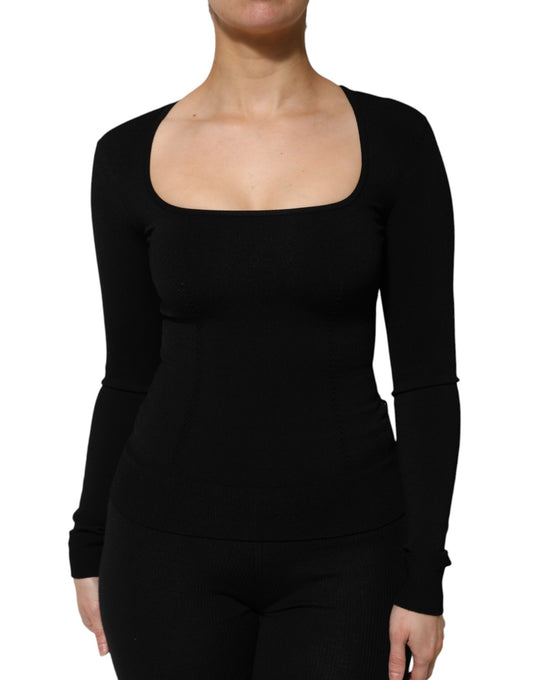 Top tipo jersey de manga larga con cuello cuadrado negro