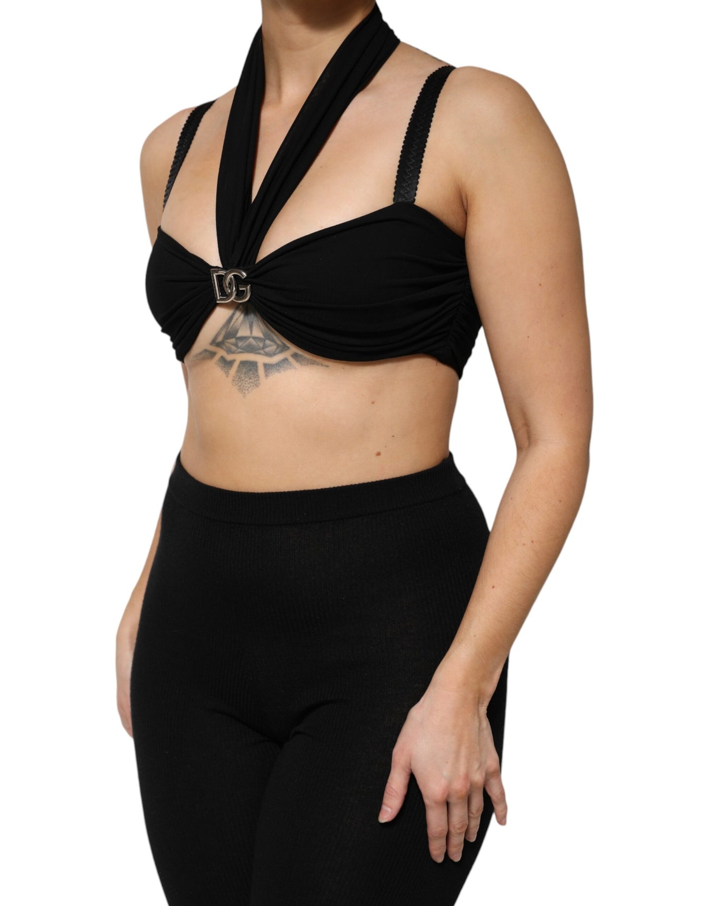 Top tipo bustier de viscosa negro con cuello halter