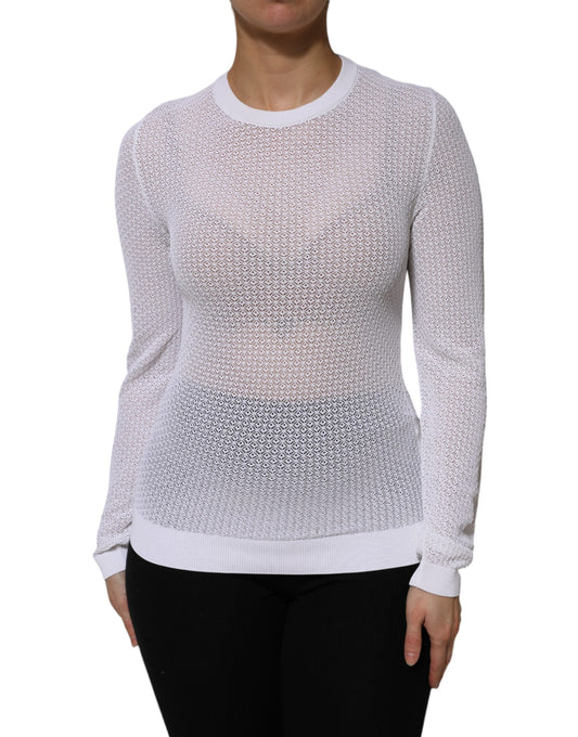 Top tipo jersey blanco de cuello redondo y manga larga