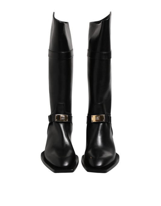 Botas altas de cuero negro, zapatos planos