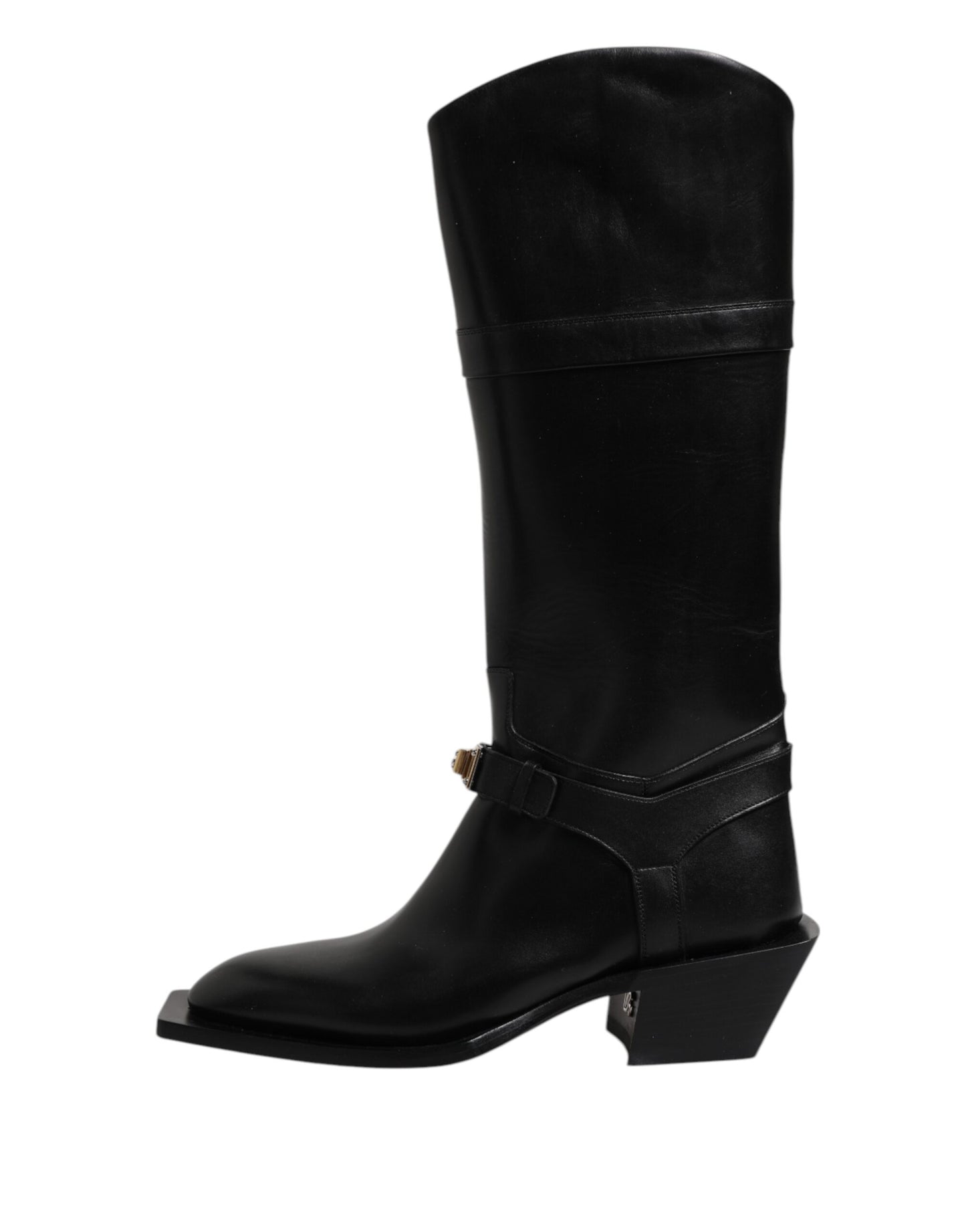 Botas altas de cuero negro, zapatos planos