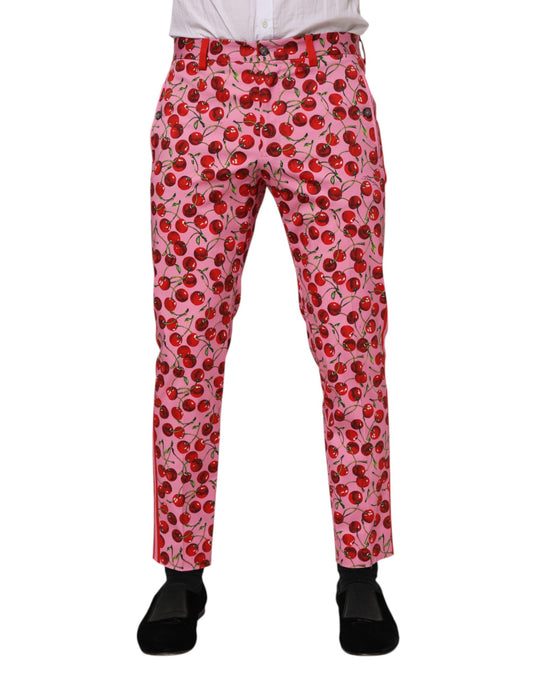 Pantalones de vestir de algodón con estampado de cerezas rosas