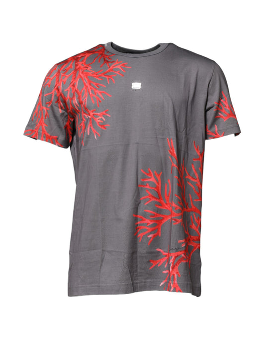 T-shirt en coton gris avec plaque logo imprimée corail