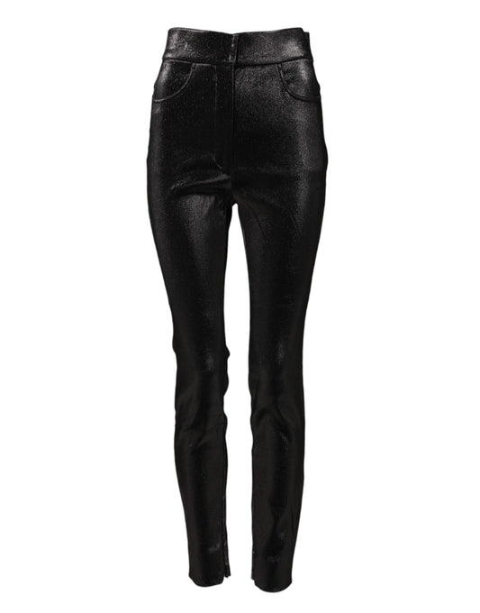 Pantalones de algodón negro elástico con hilo de lúrex plateado