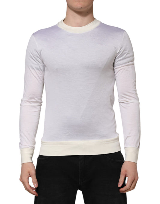 T-shirt ras du cou en soie blanche à manches longues