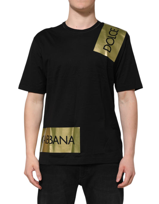 T-shirt ras du cou en coton noir avec logo et ruban adhésif pour homme