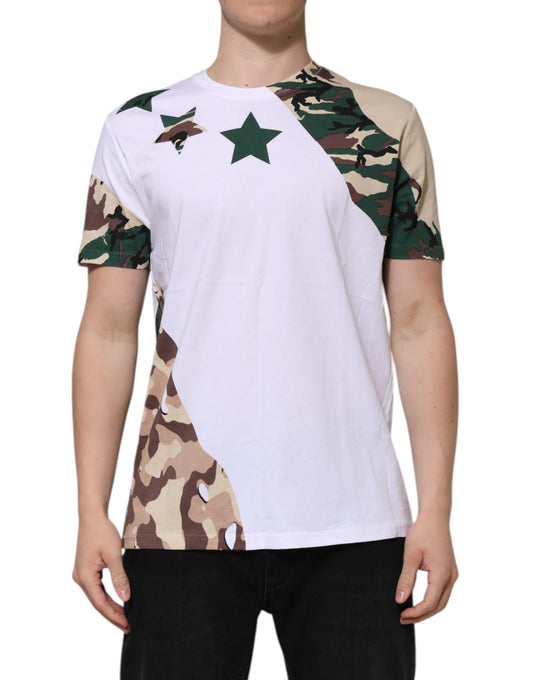 T-shirt col rond camouflage blanc en coton pour homme