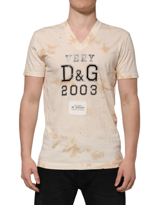 T-shirt à manches courtes et col en V avec logo beige