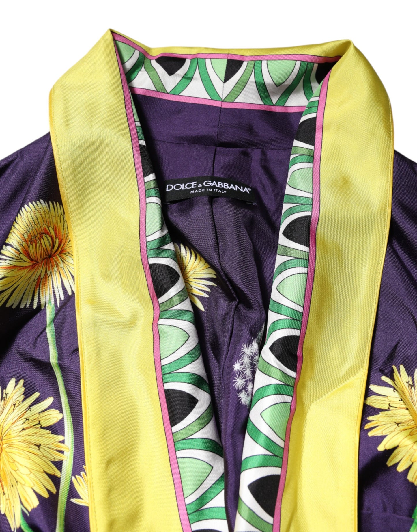 Bata cruzada de seda con mangas largas y estampado floral azul