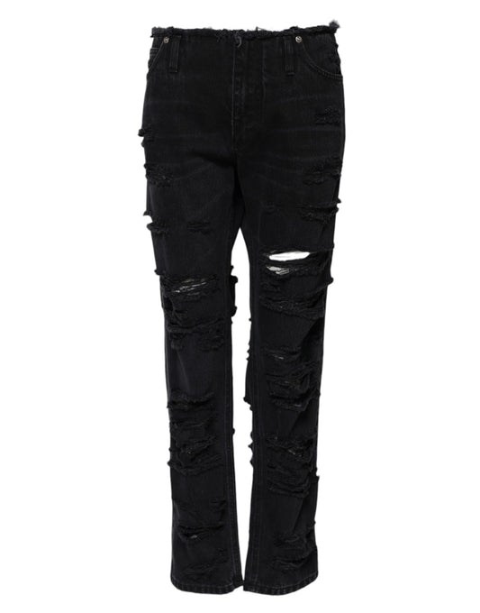 Jean en denim taille moyenne en coton noir déchiré 