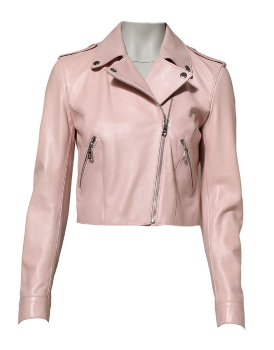 Chaqueta motera de cuero con cuello rosa claro para mujer