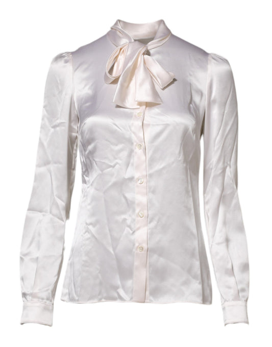 Blusa blanca de manga larga con cuello Ascot