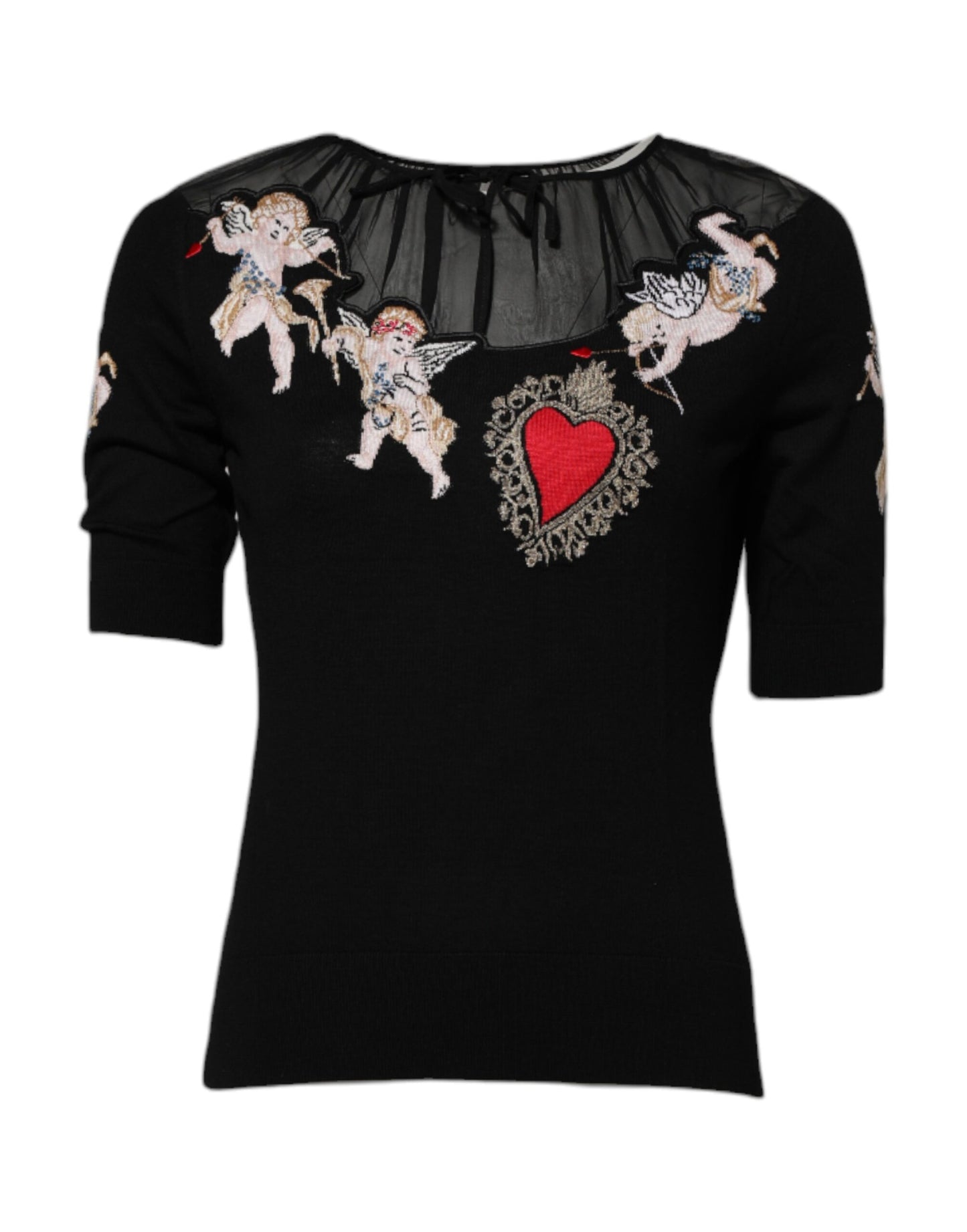 Top de cuello redondo negro con bordado del Sagrado Corazón