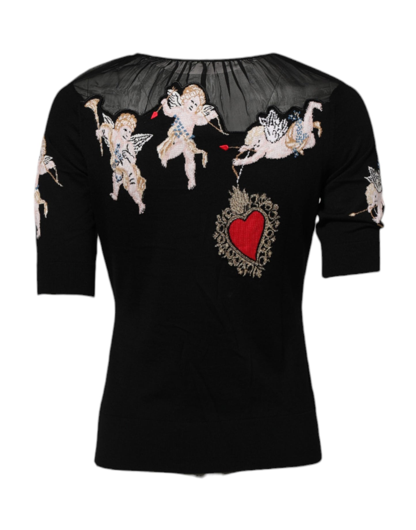 Top de cuello redondo negro con bordado del Sagrado Corazón